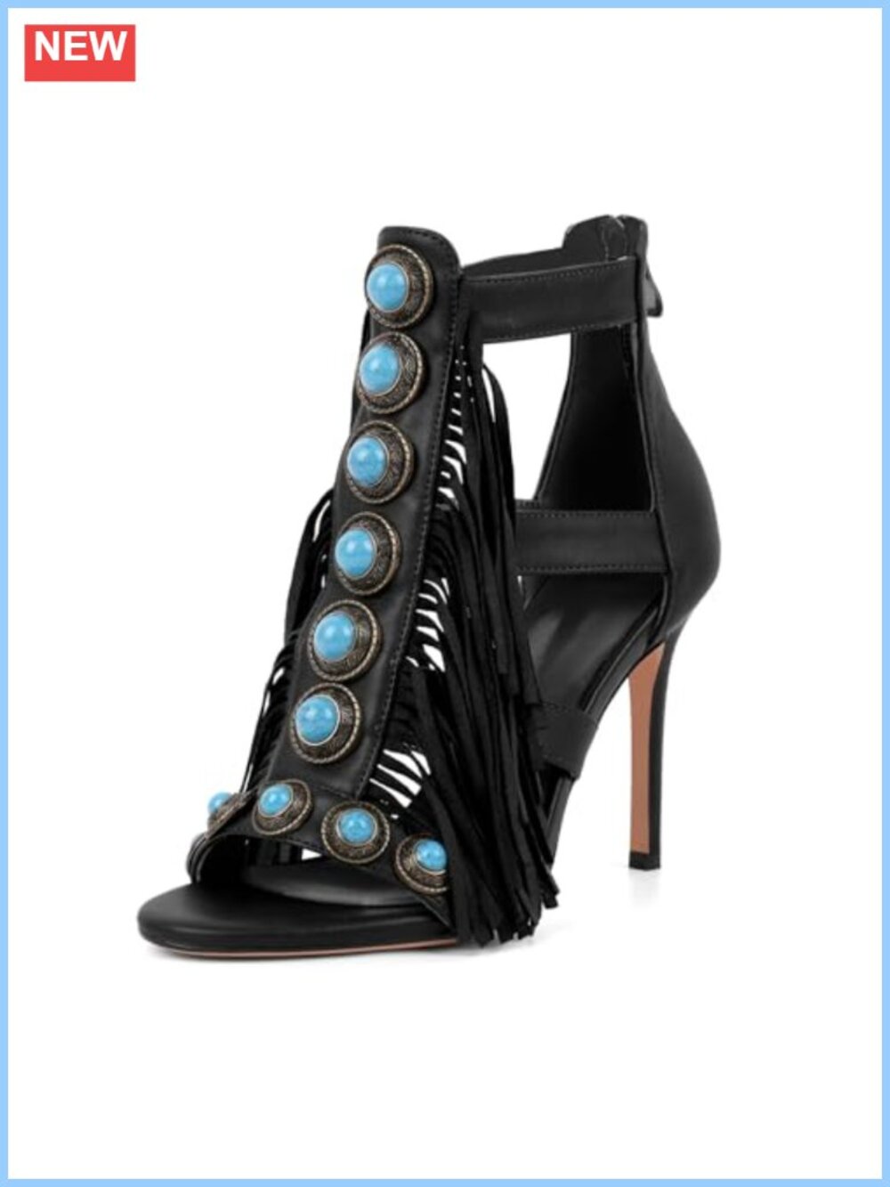 Fringe Open Toe Jewel Stiletto Heeled Sandals Tassel Back Zipper